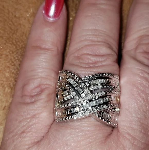 Sz 10, White Diamond Crossover Ring, 925 Silver/w Platinum, 0.48 carats, NWT - Picture 3 of 9